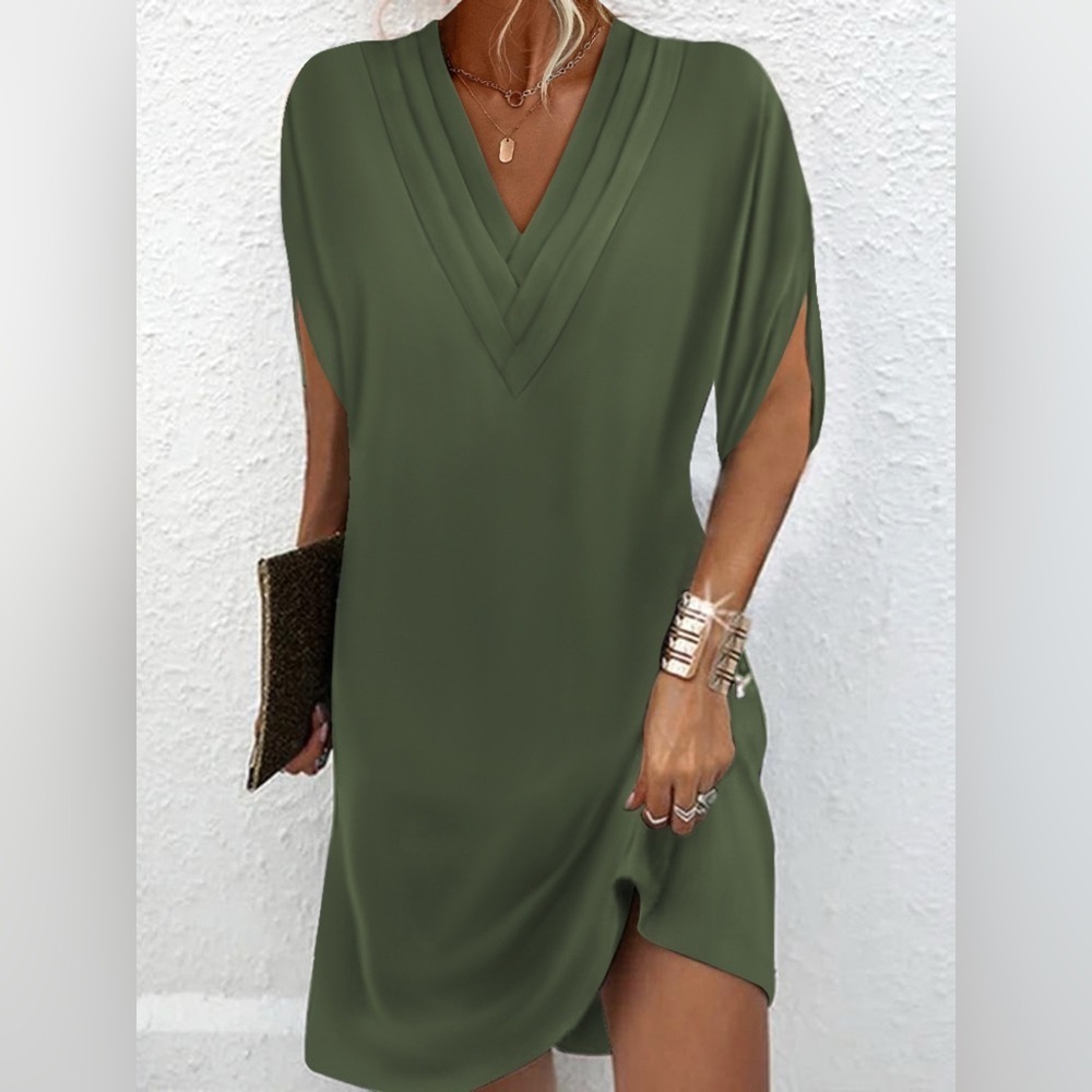 Full Size V-Neck Slit Sleeve Mini Dress Plus Size